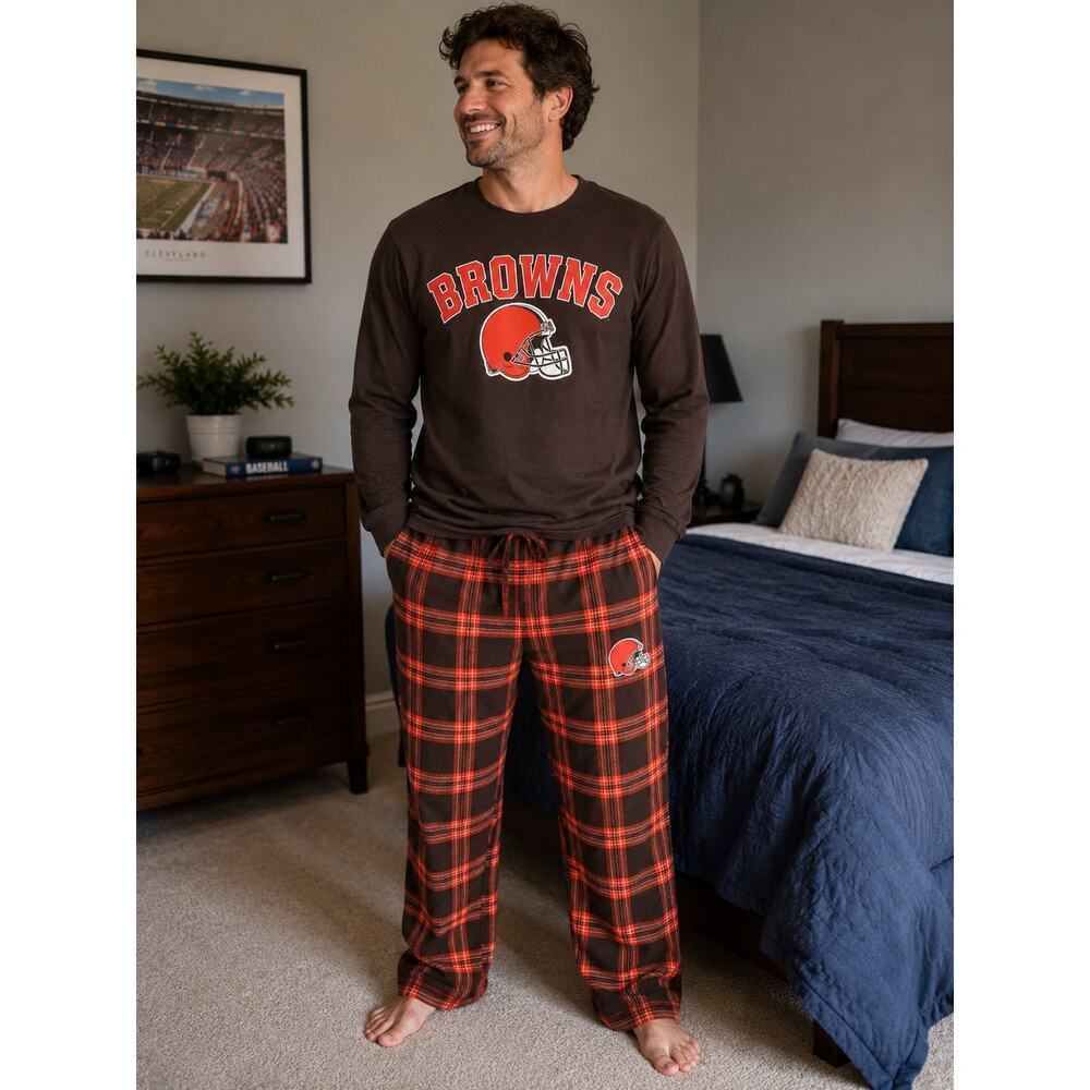 Cleveland Browns NFL Pajama Set Men’s Large Plaid Lounge Sleepwear Set